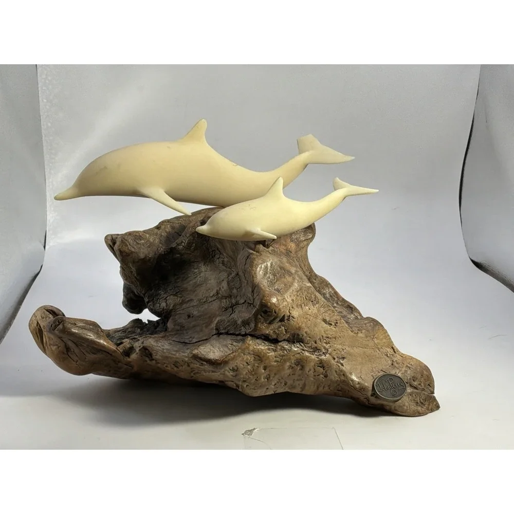John Perry Parent & Baby Dolphin Sculpture On Burl Wood OnHas Broken Tail Shark?